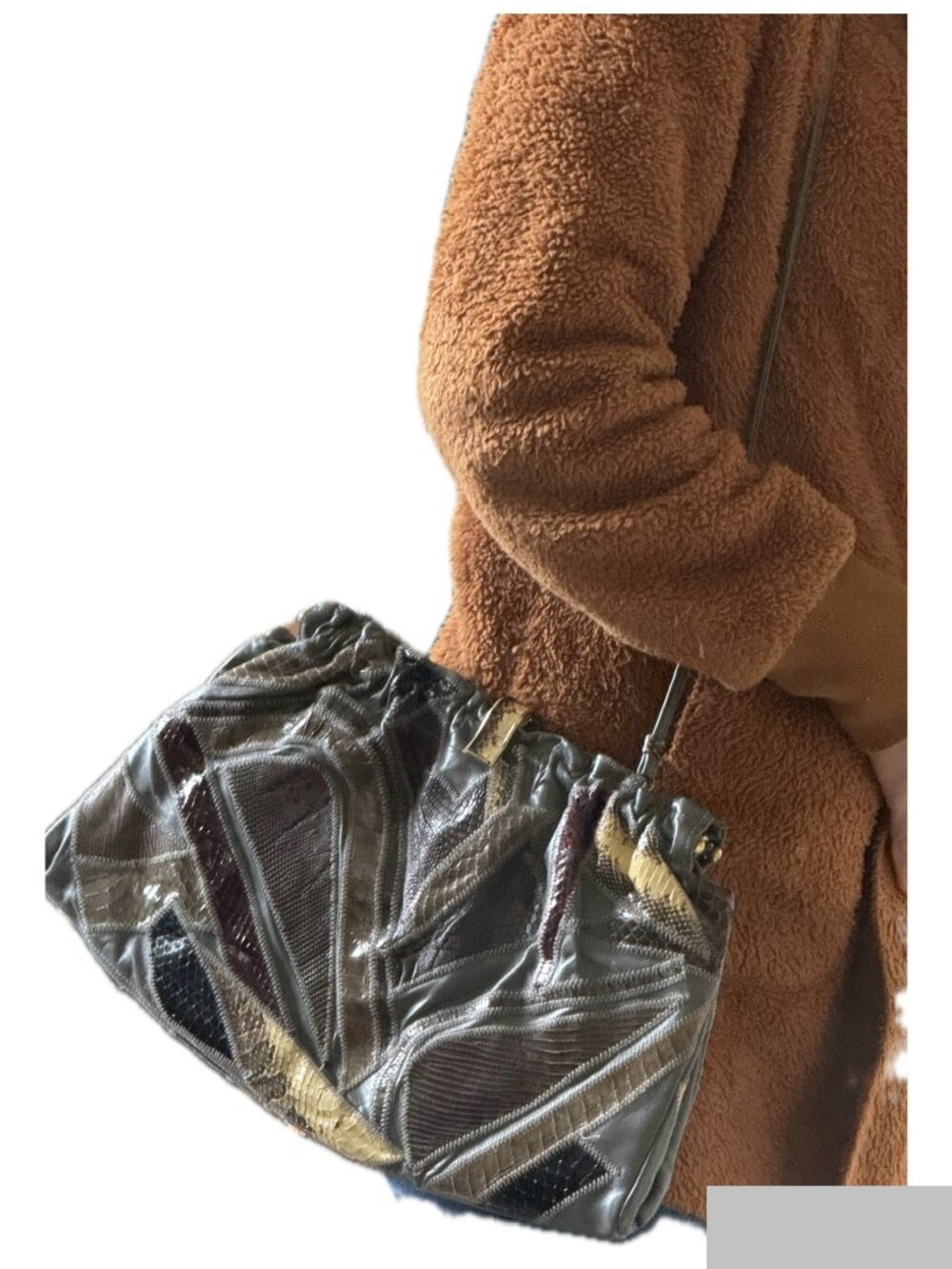 Varon Vintage Snakeskin Convertible Clutch Shoulder Bag Large Grey Brown